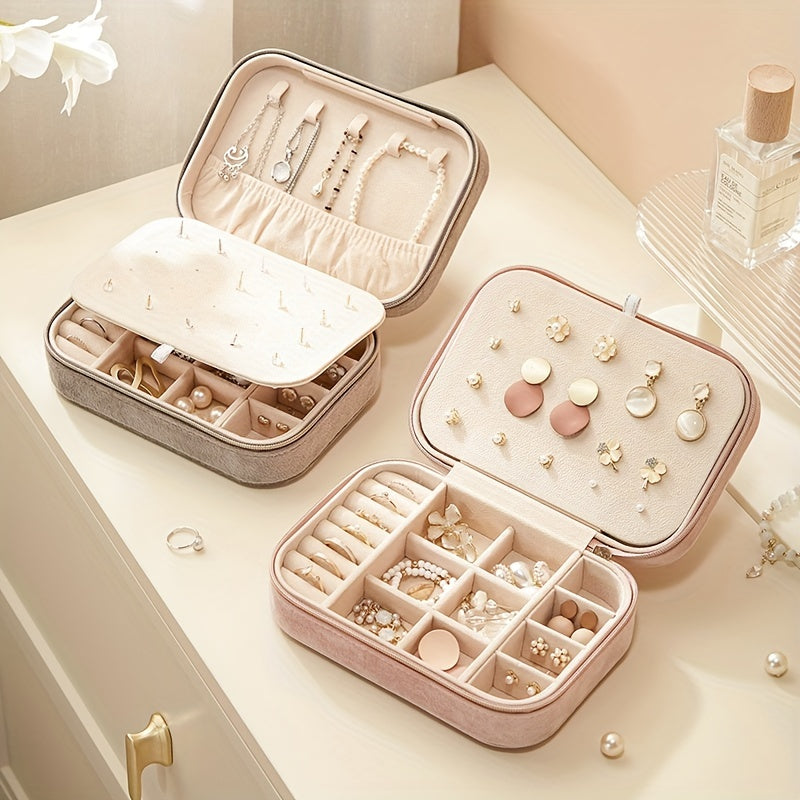 1pc Glam Style 3-Layer Velvet Jewelry Box with Zipper Closure - Multipurpose Rectangular Organizer with Necklace Hooks for Earrings, Necklaces, Rings, Watches, Hair Accessories - Ideal for Travel & Home Storage - Perfect for Christmas, New Year,