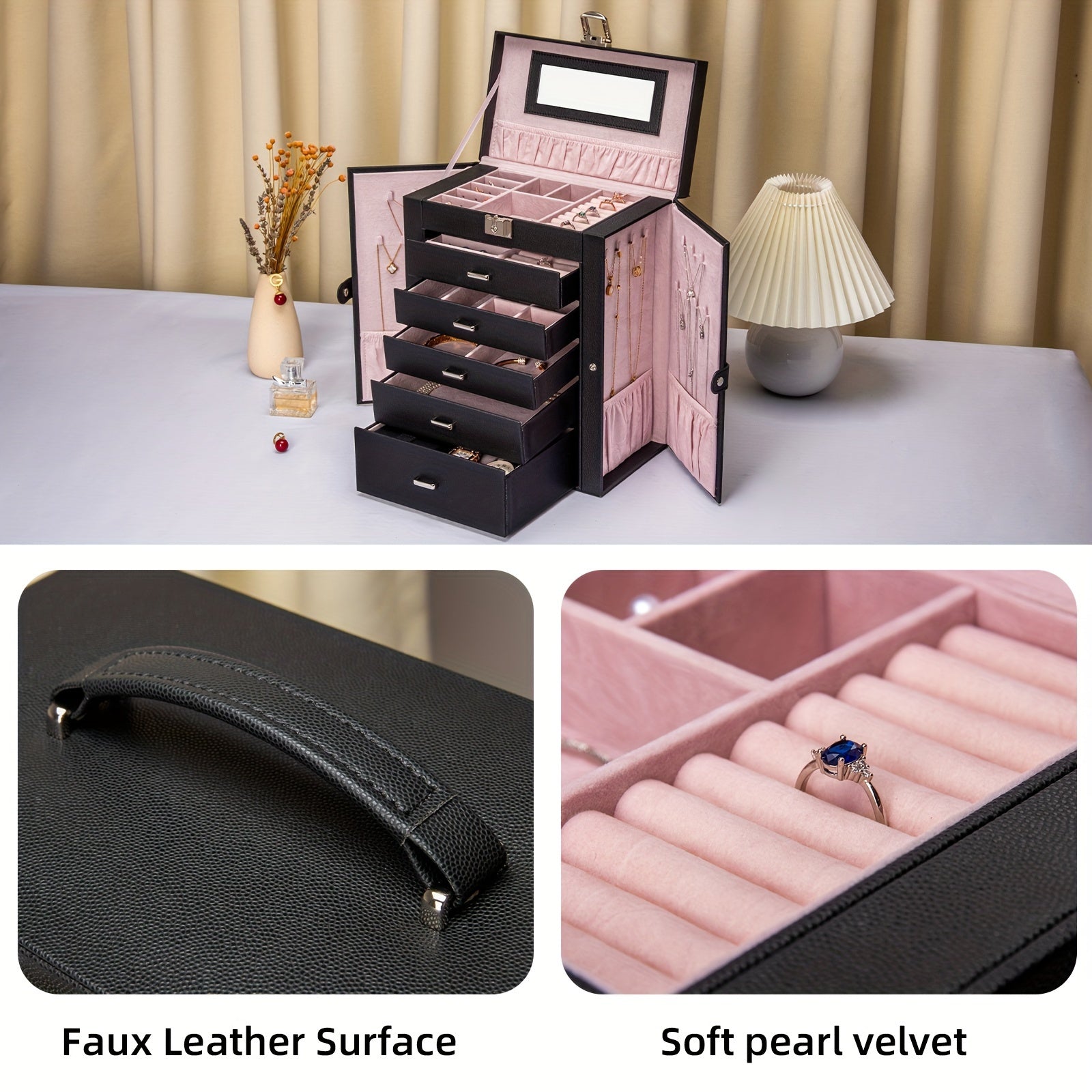 FEIYAN 6 Tier Jewelry Box, Jewelry Case With 5 Drawers, Large Storage Capacity, With Mirror, Lockable, Jewelry Storage Organizer, Gift For Loved Ones