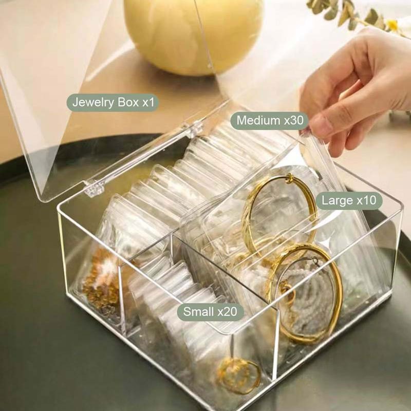 60 Anti-Tarnish Bags Acrylic Jewelry Organizer Box, Clear Transparent Storage Case with Compartments, Contemporary Multipurpose Floor Mounted Plastic Box for Earrings, Rings, Necklaces, Bracelets - No Electricity Needed