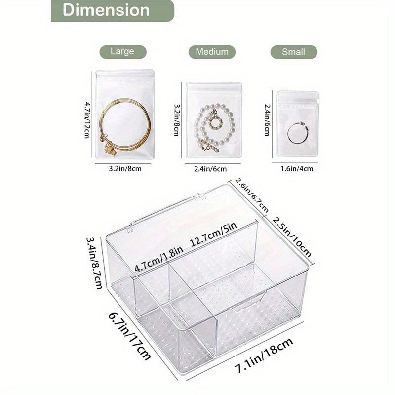 60 Anti-Tarnish Bags Acrylic Jewelry Organizer Box, Clear Transparent Storage Case with Compartments, Contemporary Multipurpose Floor Mounted Plastic Box for Earrings, Rings, Necklaces, Bracelets - No Electricity Needed