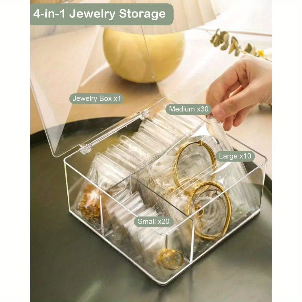 Briartw 3-in-1 Acrylic Jewelry Organizer with 60 Portable Bags - Plastic Storage Box for Earrings, Rings, Necklaces, Bracelets - Travel-Friendly Jewelry Organizer with Dividers