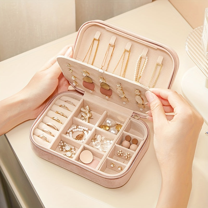 1pc Glam Style 3-Layer Velvet Jewelry Box with Zipper Closure - Multipurpose Rectangular Organizer with Necklace Hooks for Earrings, Necklaces, Rings, Watches, Hair Accessories - Ideal for Travel & Home Storage - Perfect for Christmas, New Year,