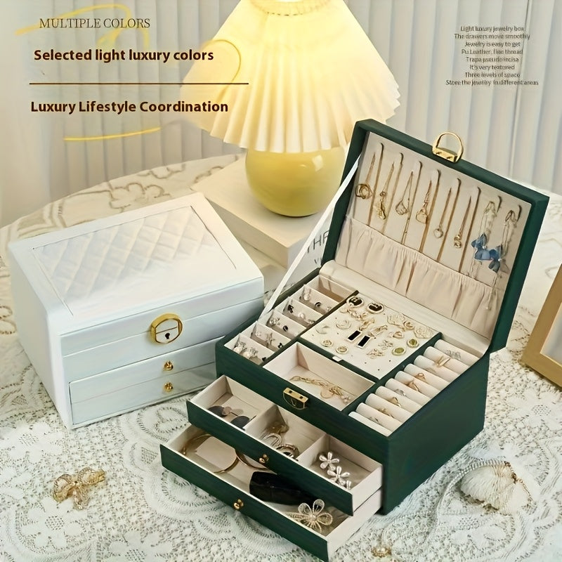 1pc Large Jewelry Organizer Box with Triple-Layer Drawers - Elegant White & Interior Compartments, Soft-Lining, Stable Base - for Necklace, Bracelet, Earring, Ring, Pendant - Jewelry Storage Case for Home or - Valentine's Gift Idea, Jewelry Box,