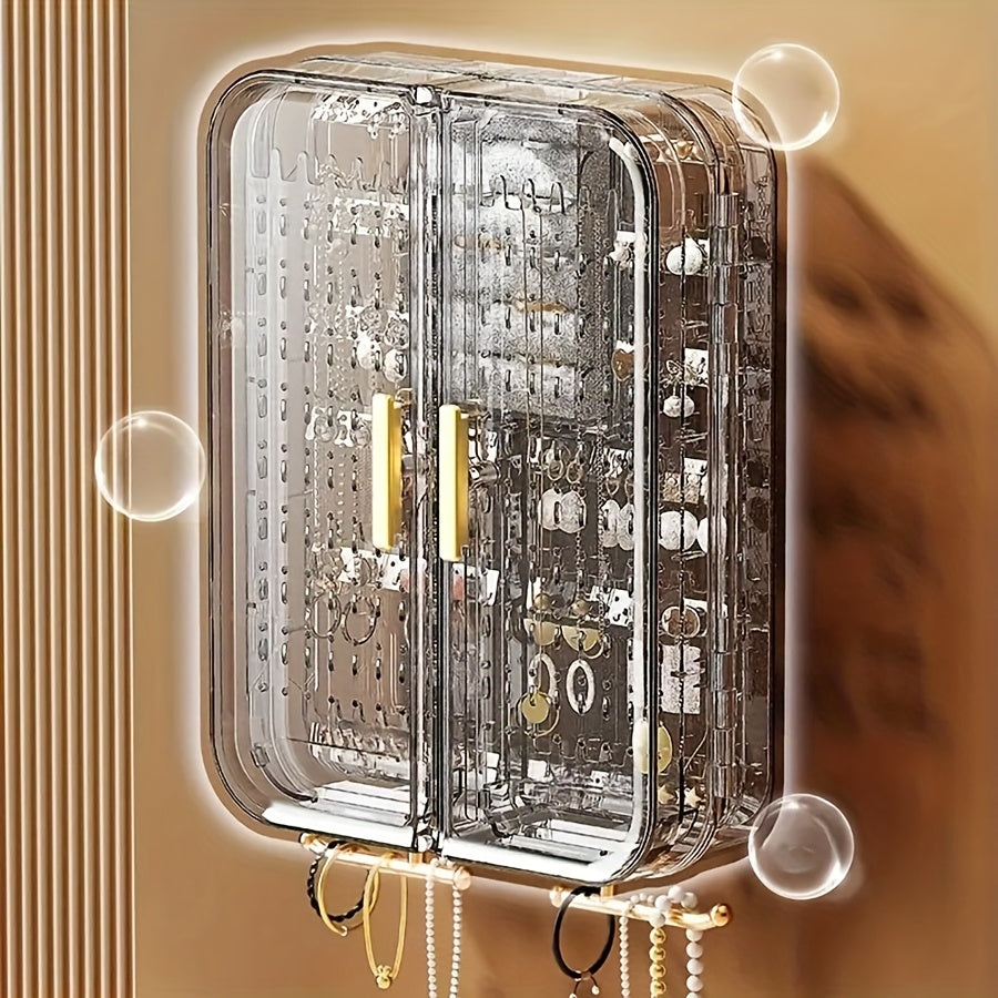 2pcs Wall-Mounted Jewelry Organizer - Clear Acrylic Display Case with No-Tool Hanging Earring Necklace Holder, Modern Bathroom/Bedroom Decor, Space-Saving Jewelry Tower for Vanity & Closet, Earring Holder | Sleek Jewelry Holder | Clear Acrylic Case,