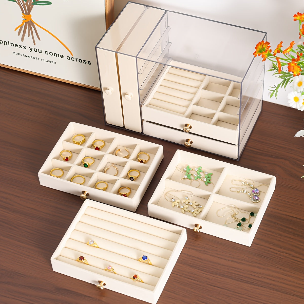 Large Capacity Jewelry Organizer Box with Multiple Compartments for Earrings, Rings, Necklaces & Bracelets - Durable Plastic Desktop Storage Box with Golden Handles, Polished Finish, Fabric-Lined Interior - Ideal for Valentine'S Day & Christmas Gifts,