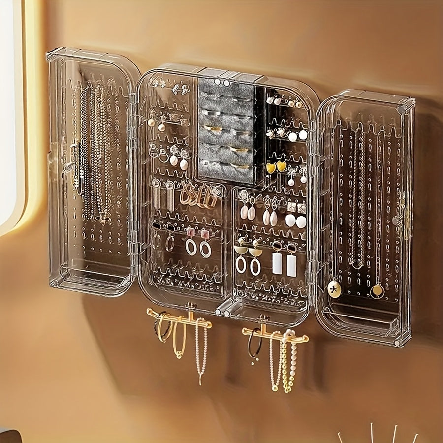 2pcs Wall-Mounted Jewelry Organizer - Clear Acrylic Display Case with No-Tool Hanging Earring Necklace Holder, Modern Bathroom/Bedroom Decor, Space-Saving Jewelry Tower for Vanity & Closet, Earring Holder | Sleek Jewelry Holder | Clear Acrylic Case,