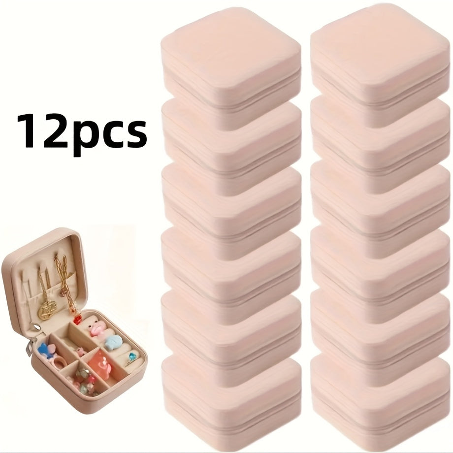12pcs/9pcs/6pcs Vintage Rectangle Imitation Leather Small Jewelry Storage Box, Portable, with Zipper Closure, Fabric Inside, for Travel, Daily Use, Bridesmaid Proposal, Valentine'S Day, New Year, Jewelry Boxes
