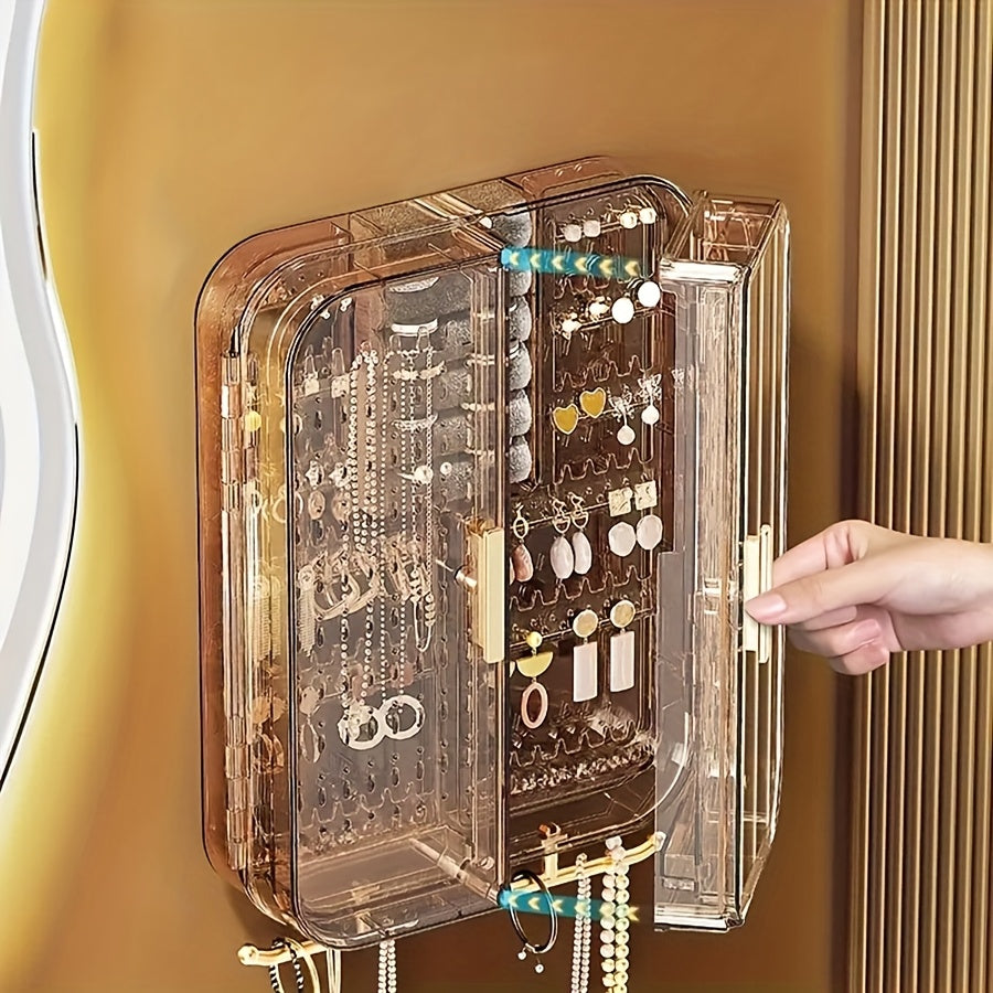 2pcs Wall-Mounted Jewelry Organizer - Clear Acrylic Display Case with No-Tool Hanging Earring Necklace Holder, Modern Bathroom/Bedroom Decor, Space-Saving Jewelry Tower for Vanity & Closet, Earring Holder | Sleek Jewelry Holder | Clear Acrylic Case,