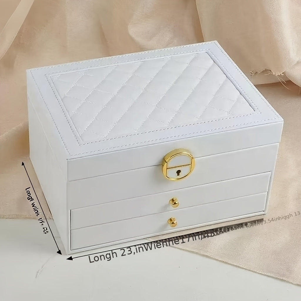 1pc Large Jewelry Organizer Box with Triple-Layer Drawers - Elegant White & Interior Compartments, Soft-Lining, Stable Base - for Necklace, Bracelet, Earring, Ring, Pendant - Jewelry Storage Case for Home or - Valentine's Gift Idea, Jewelry Box,