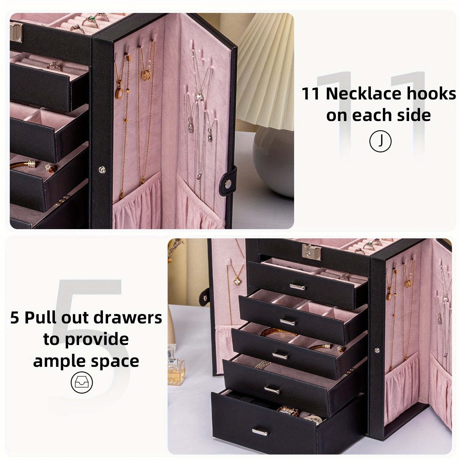 FEIYAN 6 Tier Jewelry Box, Jewelry Case With 5 Drawers, Large Storage Capacity, With Mirror, Lockable, Jewelry Storage Organizer, Gift For Loved Ones