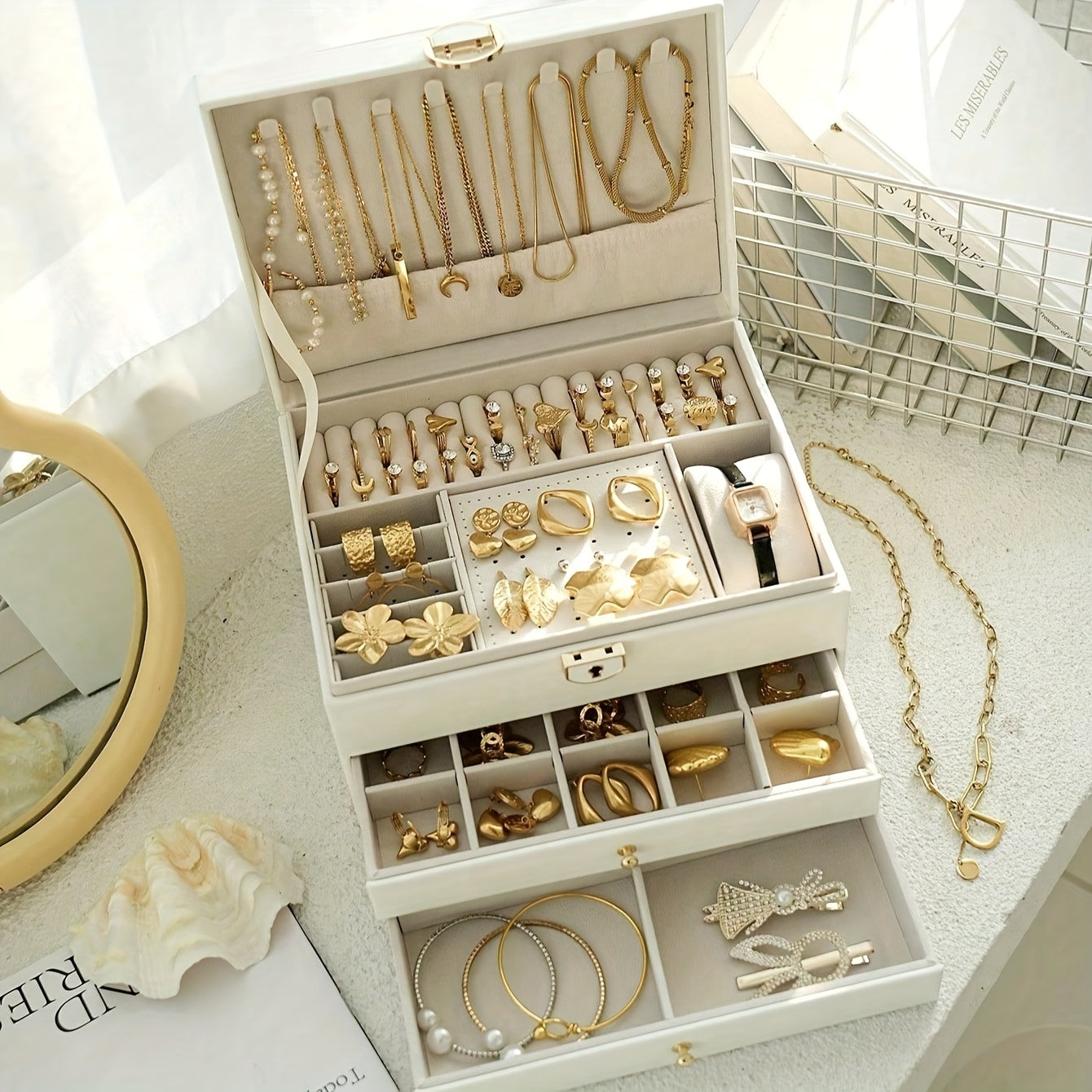 Elegant French-Style Jewelry Box with Key Lock - Large Capacity, Three-Tier Organizer for Necklaces, Earrings, Rings, And Bracelets - Classic Design with Drawers, Ideal for Spring, Summer, Fall, And Winter, Jewelry Storage|Classic Jewelry Box|