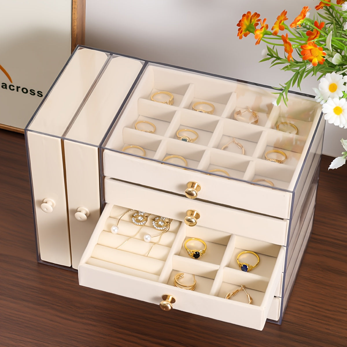 Large Capacity Jewelry Organizer Box with Multiple Compartments for Earrings, Rings, Necklaces & Bracelets - Durable Plastic Desktop Storage Box with Golden Handles, Polished Finish, Fabric-Lined Interior - Ideal for Valentine'S Day & Christmas Gifts,