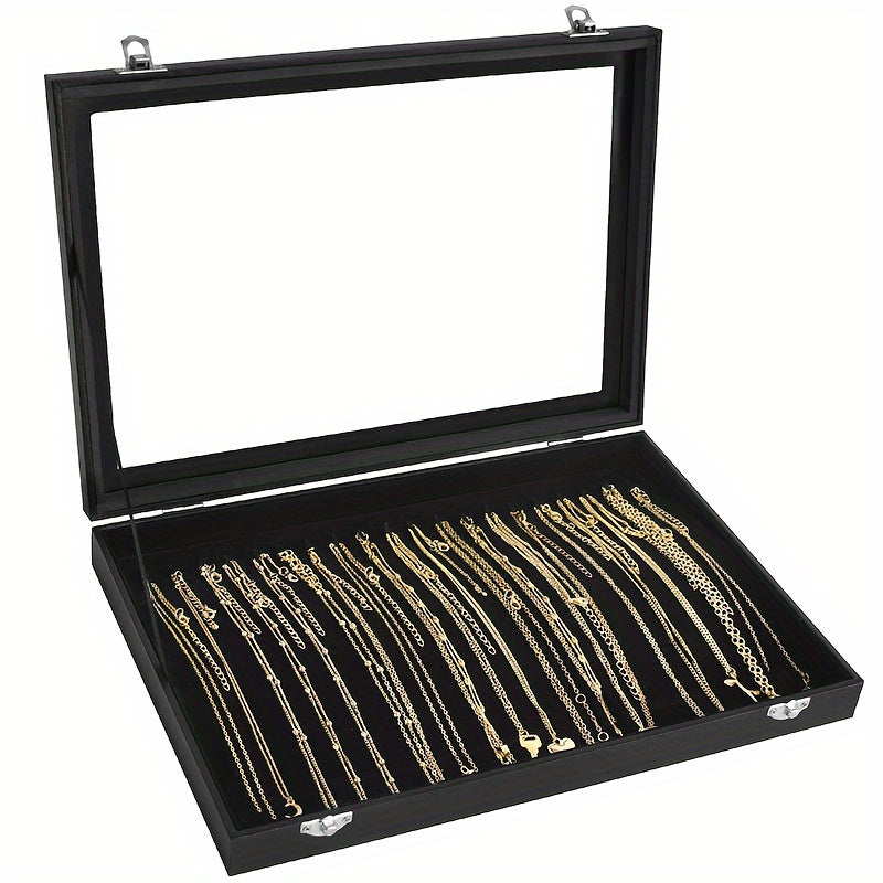 20-Hook Luxury Jewelry Organizer with Clear Lid and Plush Velvet Tray - Display and Store Necklaces, Pendants, and Accessories with Ease - Gray/Black (PMMJ)