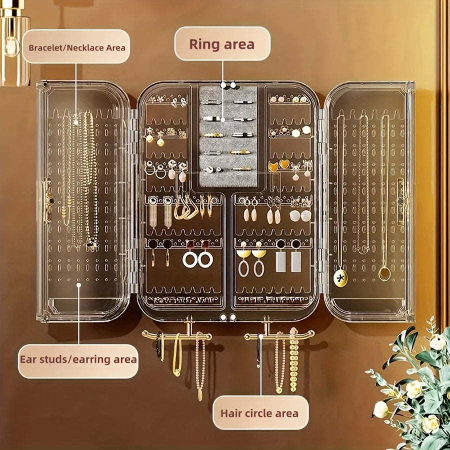 2pcs Wall-Mounted Jewelry Organizer - Clear Acrylic Display Case with No-Tool Hanging Earring Necklace Holder, Modern Bathroom/Bedroom Decor, Space-Saving Jewelry Tower for Vanity & Closet, Earring Holder | Sleek Jewelry Holder | Clear Acrylic Case,