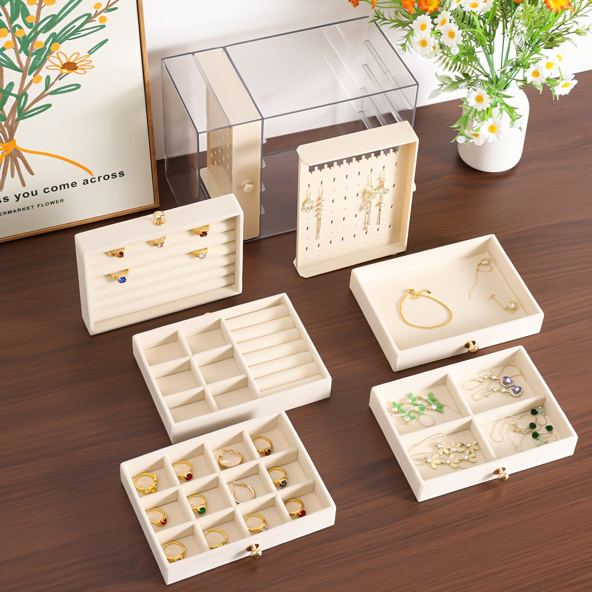 Large Capacity Jewelry Organizer Box with Multiple Compartments for Earrings, Rings, Necklaces & Bracelets - Durable Plastic Desktop Storage Box with Golden Handles, Polished Finish, Fabric-Lined Interior - Ideal for Valentine'S Day & Christmas Gifts,