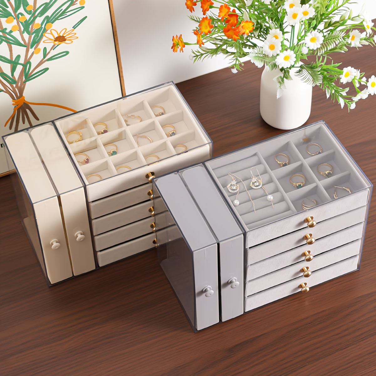 Large Capacity Jewelry Organizer Box with Multiple Compartments for Earrings, Rings, Necklaces & Bracelets - Durable Plastic Desktop Storage Box with Golden Handles, Polished Finish, Fabric-Lined Interior - Ideal for Valentine'S Day & Christmas Gifts,