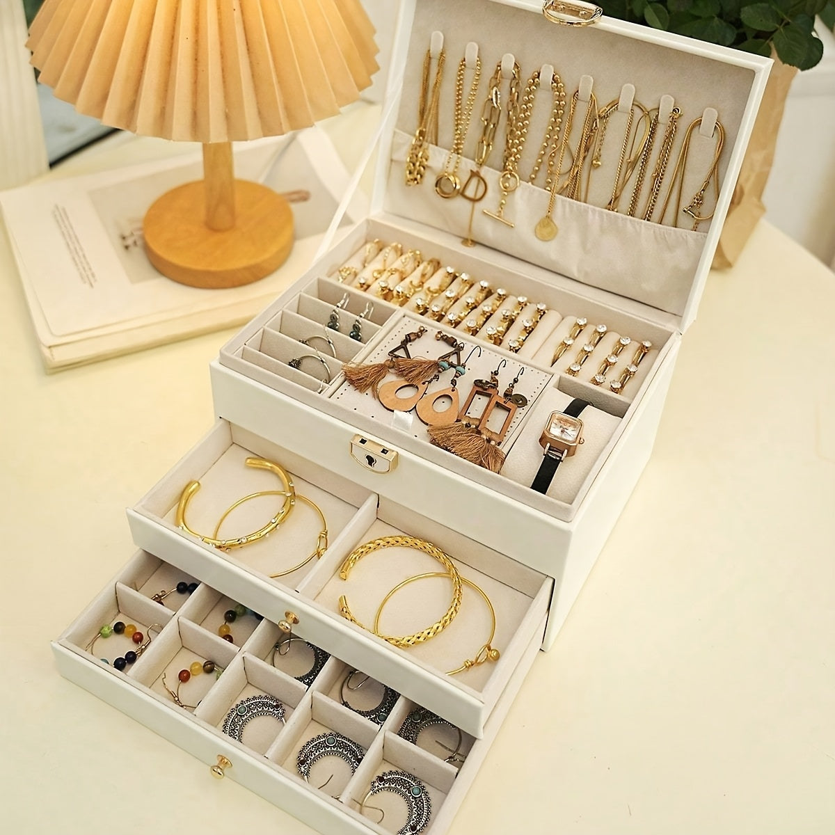 Elegant French-Style Jewelry Box with Key Lock - Large Capacity, Three-Tier Organizer for Necklaces, Earrings, Rings, And Bracelets - Classic Design with Drawers, Ideal for Spring, Summer, Fall, And Winter, Jewelry Storage|Classic Jewelry Box|
