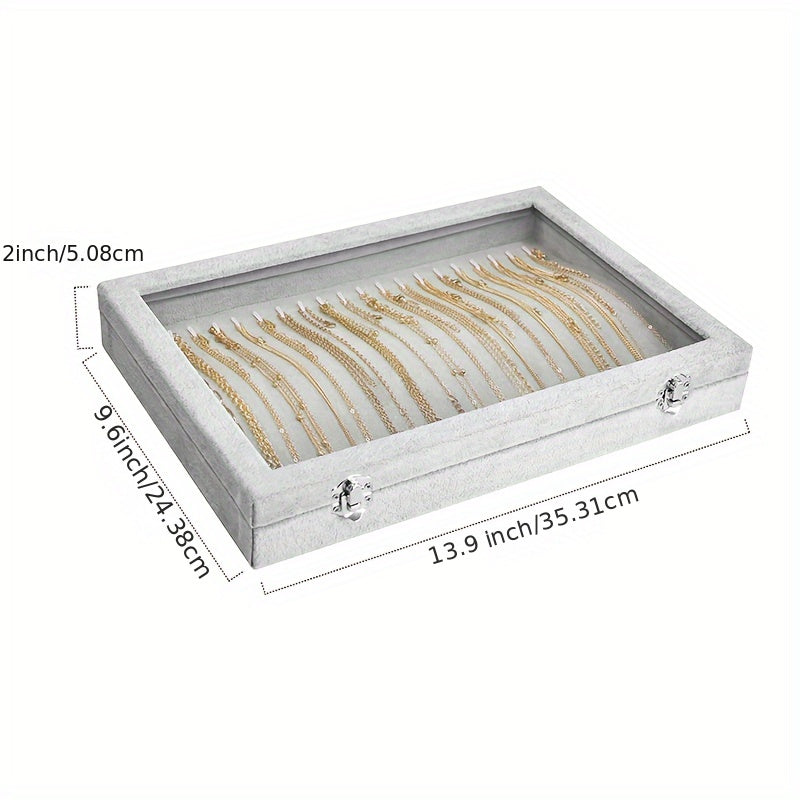 20-Hook Luxury Jewelry Organizer with Clear Lid and Plush Velvet Tray - Display and Store Necklaces, Pendants, and Accessories with Ease - Gray/Black (PMMJ)