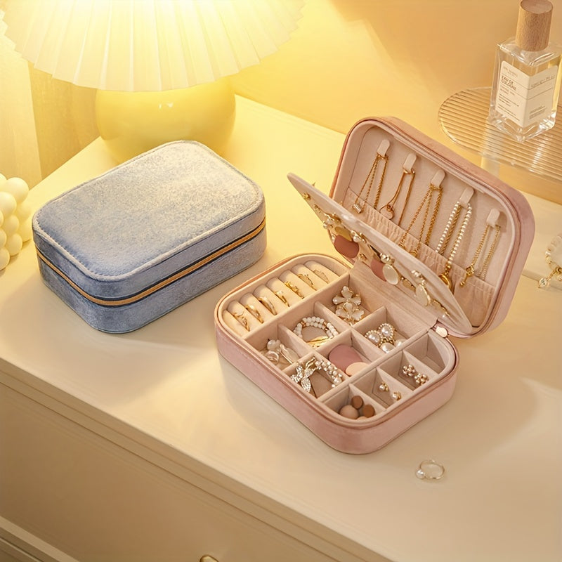 1pc Glam Style 3-Layer Velvet Jewelry Box with Zipper Closure - Multipurpose Rectangular Organizer with Necklace Hooks for Earrings, Necklaces, Rings, Watches, Hair Accessories - Ideal for Travel & Home Storage - Perfect for Christmas, New Year,