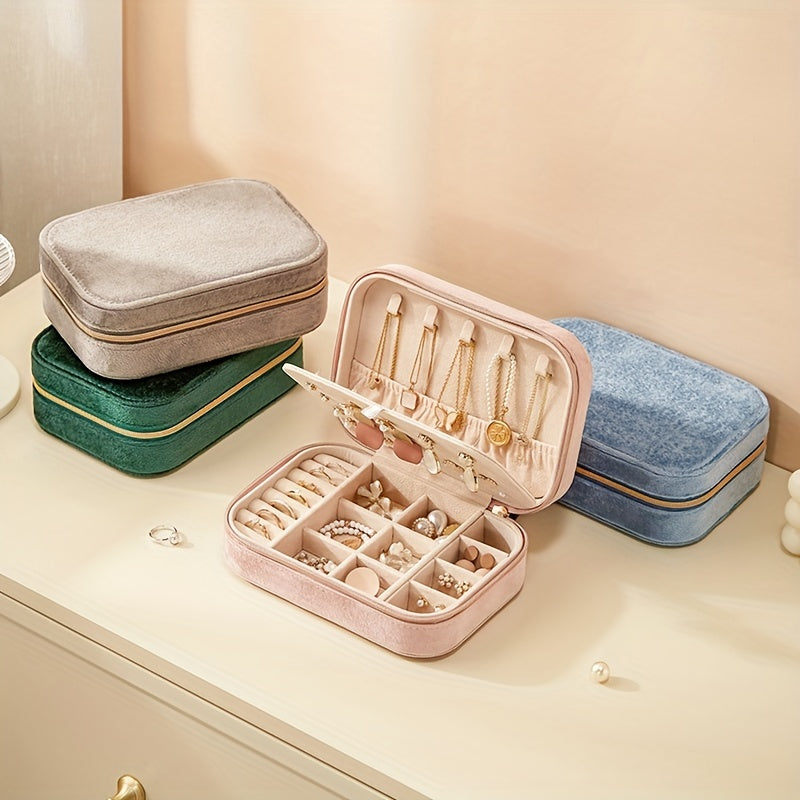 1pc Glam Style 3-Layer Velvet Jewelry Box with Zipper Closure - Multipurpose Rectangular Organizer with Necklace Hooks for Earrings, Necklaces, Rings, Watches, Hair Accessories - Ideal for Travel & Home Storage - Perfect for Christmas, New Year,