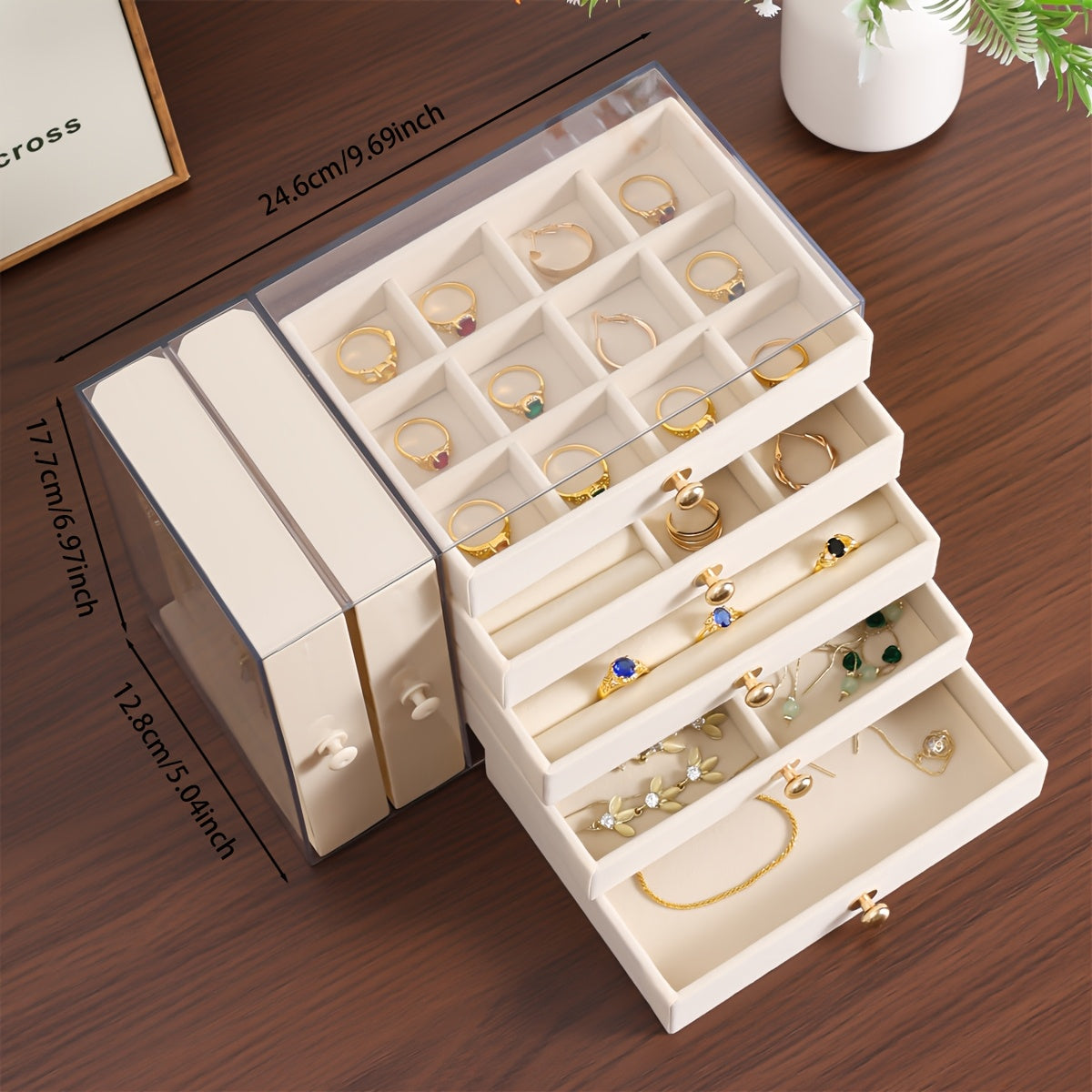 Large Capacity Jewelry Organizer Box with Multiple Compartments for Earrings, Rings, Necklaces & Bracelets - Durable Plastic Desktop Storage Box with Golden Handles, Polished Finish, Fabric-Lined Interior - Ideal for Valentine'S Day & Christmas Gifts,