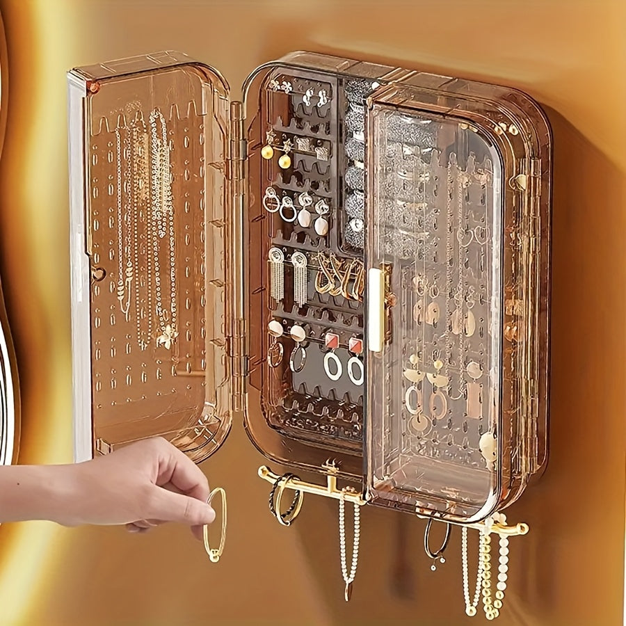 2pcs Wall-Mounted Jewelry Organizer - Clear Acrylic Display Case with No-Tool Hanging Earring Necklace Holder, Modern Bathroom/Bedroom Decor, Space-Saving Jewelry Tower for Vanity & Closet, Earring Holder | Sleek Jewelry Holder | Clear Acrylic Case,