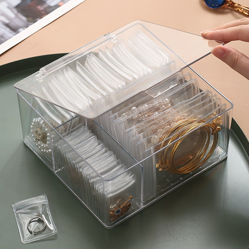 60 Anti-Tarnish Bags Acrylic Jewelry Organizer Box, Clear Transparent Storage Case with Compartments, Contemporary Multipurpose Floor Mounted Plastic Box for Earrings, Rings, Necklaces, Bracelets - No Electricity Needed