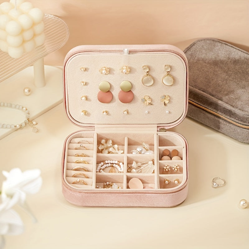 1pc Glam Style 3-Layer Velvet Jewelry Box with Zipper Closure - Multipurpose Rectangular Organizer with Necklace Hooks for Earrings, Necklaces, Rings, Watches, Hair Accessories - Ideal for Travel & Home Storage - Perfect for Christmas, New Year,