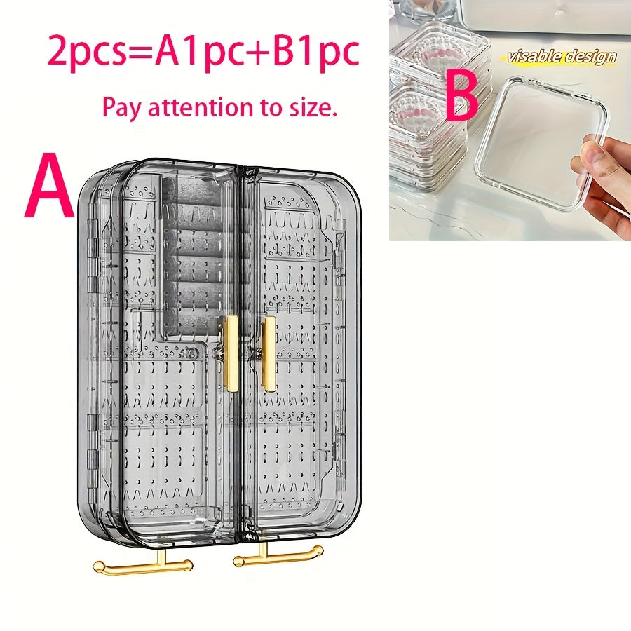 2pcs Wall-Mounted Jewelry Organizer - Clear Acrylic Display Case with No-Tool Hanging Earring Necklace Holder, Modern Bathroom/Bedroom Decor, Space-Saving Jewelry Tower for Vanity & Closet, Earring Holder | Sleek Jewelry Holder | Clear Acrylic Case,