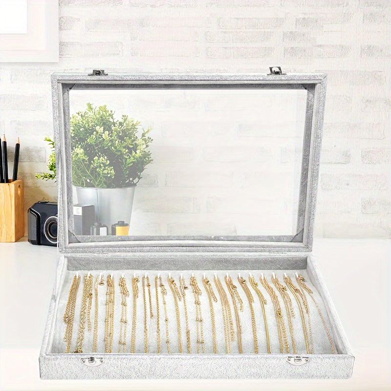 20-Hook Luxury Jewelry Organizer with Clear Lid and Plush Velvet Tray - Display and Store Necklaces, Pendants, and Accessories with Ease - Gray/Black (PMMJ)