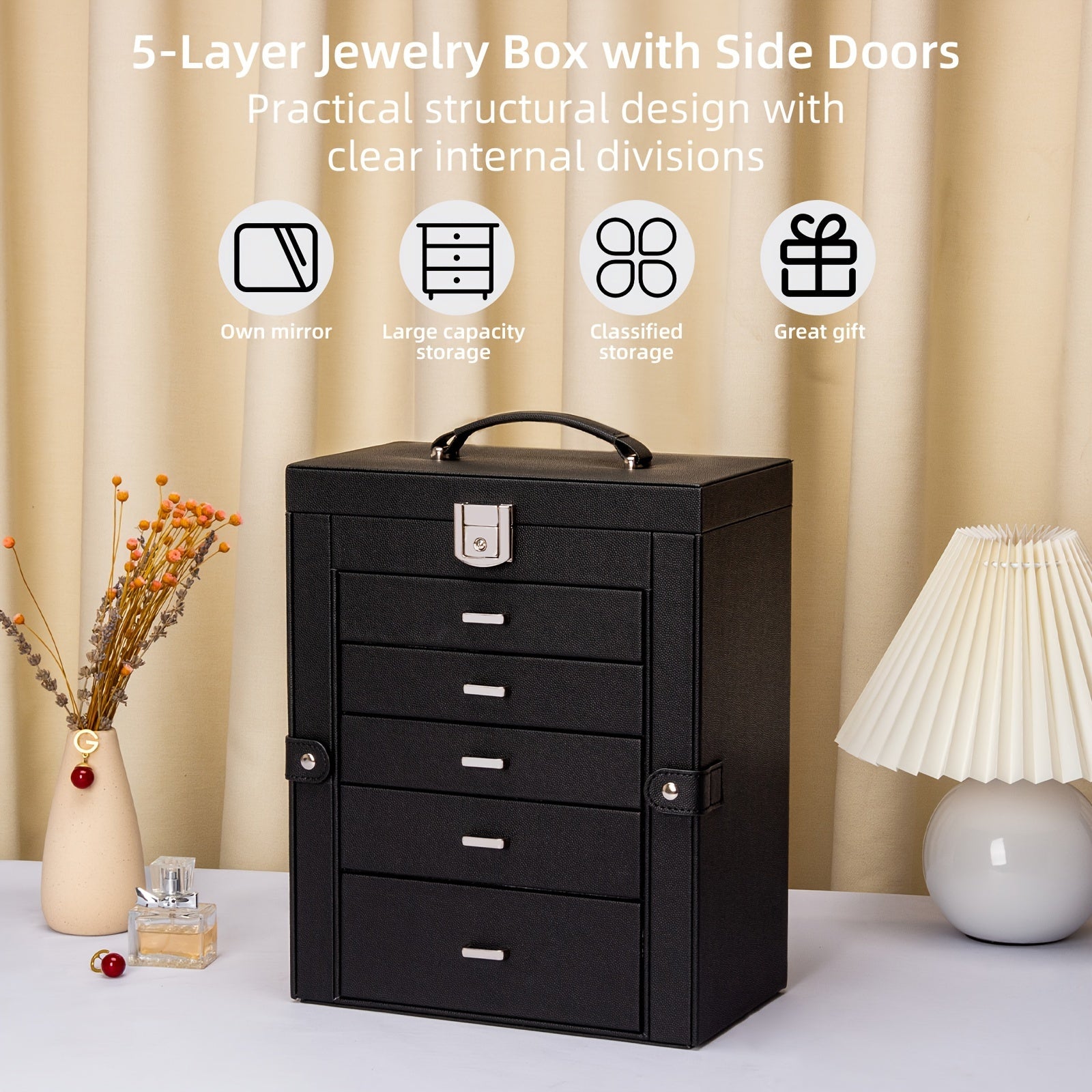 FEIYAN 6 Tier Jewelry Box, Jewelry Case With 5 Drawers, Large Storage Capacity, With Mirror, Lockable, Jewelry Storage Organizer, Gift For Loved Ones