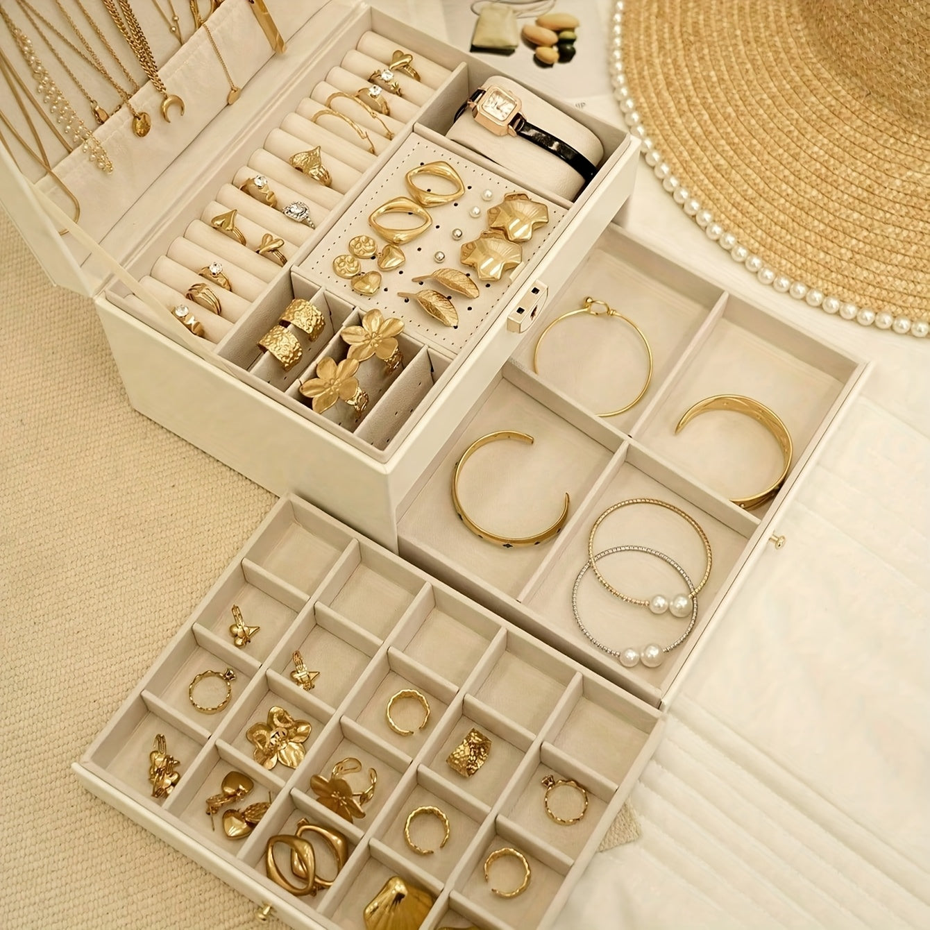 Elegant French-Style Jewelry Box with Key Lock - Large Capacity, Three-Tier Organizer for Necklaces, Earrings, Rings, And Bracelets - Classic Design with Drawers, Ideal for Spring, Summer, Fall, And Winter, Jewelry Storage|Classic Jewelry Box|