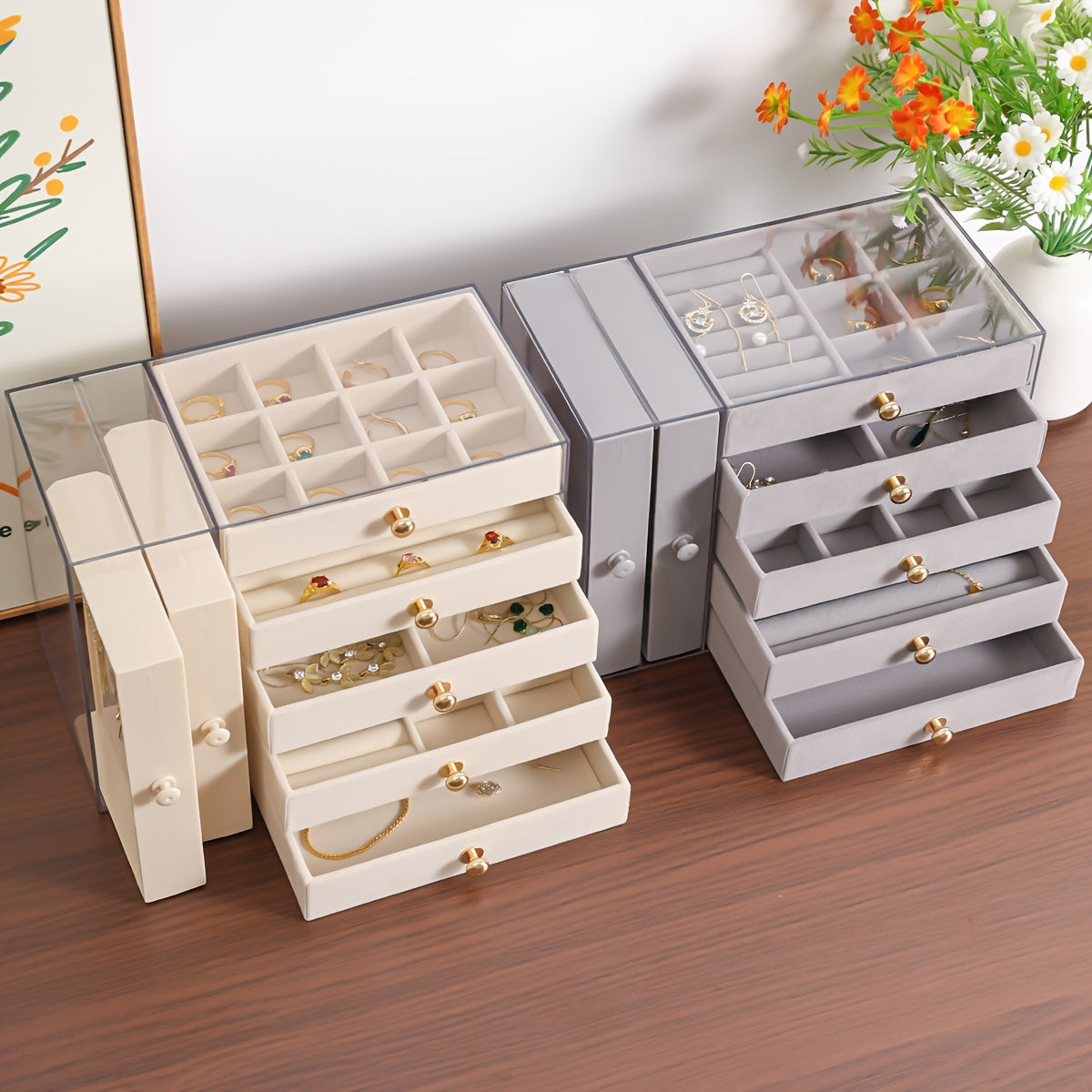 Large Capacity Jewelry Organizer Box with Multiple Compartments for Earrings, Rings, Necklaces & Bracelets - Durable Plastic Desktop Storage Box with Golden Handles, Polished Finish, Fabric-Lined Interior - Ideal for Valentine'S Day & Christmas Gifts,