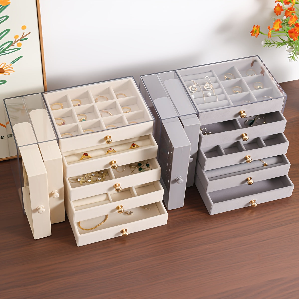 Large Capacity Jewelry Organizer Box with Multiple Compartments for Earrings, Rings, Necklaces & Bracelets - Durable Plastic Desktop Storage Box with Golden Handles, Polished Finish, Fabric-Lined Interior - Ideal for Valentine'S Day & Christmas Gifts,