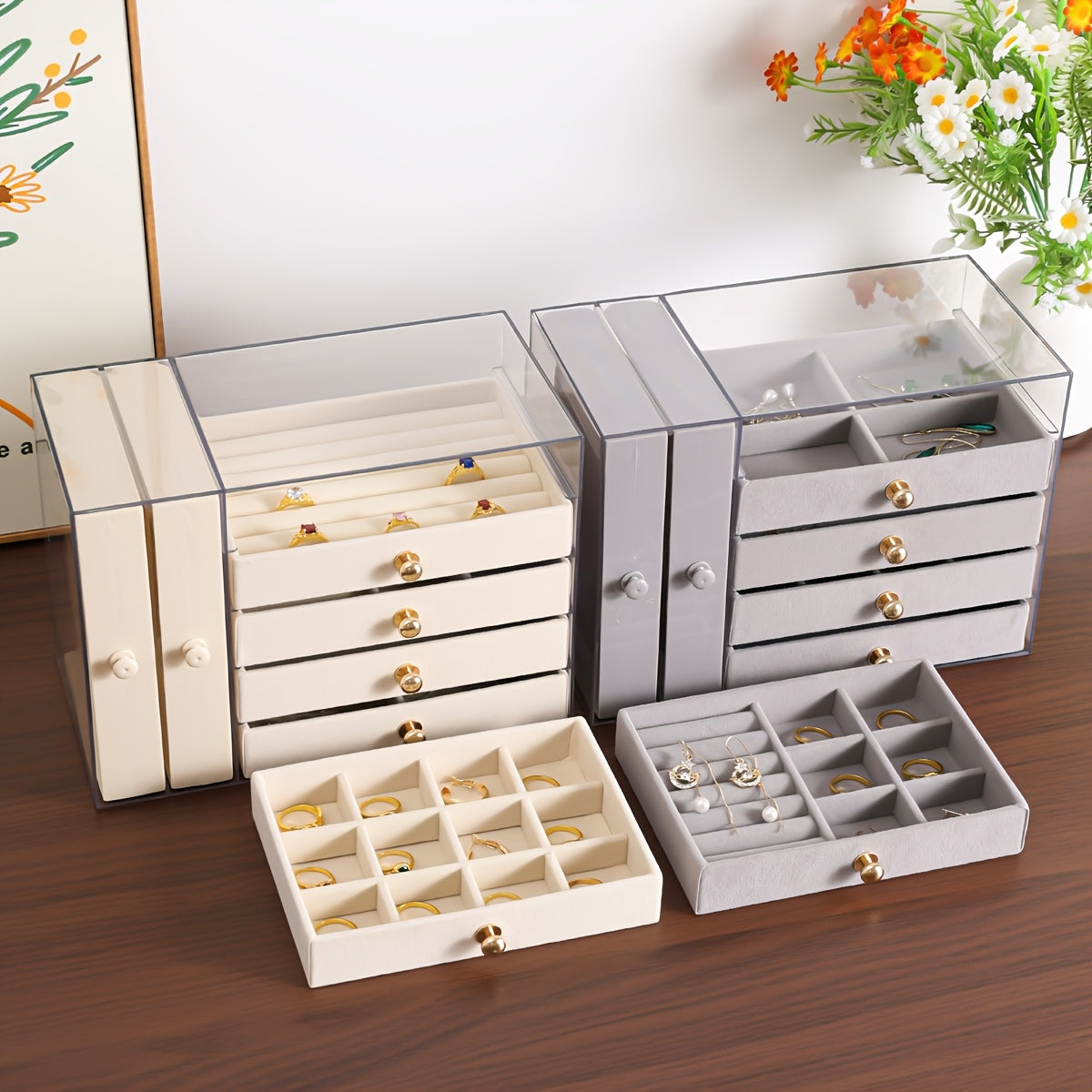 Large Capacity Jewelry Organizer Box with Multiple Compartments for Earrings, Rings, Necklaces & Bracelets - Durable Plastic Desktop Storage Box with Golden Handles, Polished Finish, Fabric-Lined Interior - Ideal for Valentine'S Day & Christmas Gifts,