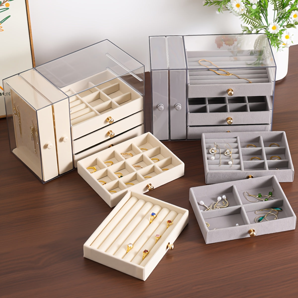 Large Capacity Jewelry Organizer Box with Multiple Compartments for Earrings, Rings, Necklaces & Bracelets - Durable Plastic Desktop Storage Box with Golden Handles, Polished Finish, Fabric-Lined Interior - Ideal for Valentine'S Day & Christmas Gifts,