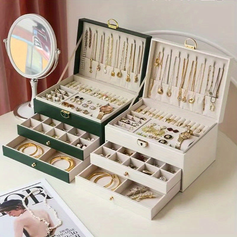 1pc Large Jewelry Organizer Box with Triple-Layer Drawers - Elegant White & Interior Compartments, Soft-Lining, Stable Base - for Necklace, Bracelet, Earring, Ring, Pendant - Jewelry Storage Case for Home or - Valentine's Gift Idea, Jewelry Box,
