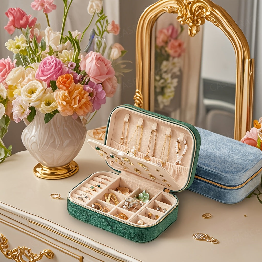 1pc Glam Style 3-Layer Velvet Jewelry Box with Zipper Closure - Multipurpose Rectangular Organizer with Necklace Hooks for Earrings, Necklaces, Rings, Watches, Hair Accessories - Ideal for Travel & Home Storage - Perfect for Christmas, New Year,