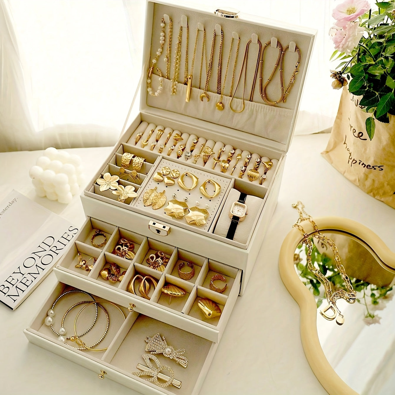 Elegant French-Style Jewelry Box with Key Lock - Large Capacity, Three-Tier Organizer for Necklaces, Earrings, Rings, And Bracelets - Classic Design with Drawers, Ideal for Spring, Summer, Fall, And Winter, Jewelry Storage|Classic Jewelry Box|