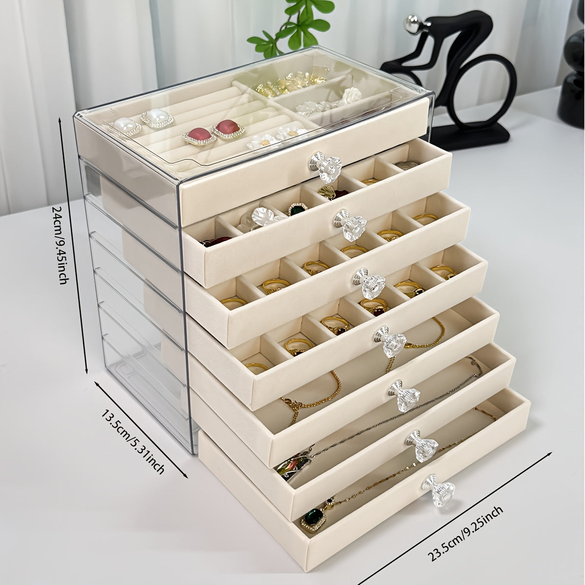 7-Layer Transparent Plastic Jewelry Organizer Box with Fabric-Lined Compartments, Secure Latch Closure & Contemporary Octagonal Design - Multi-Use Desktop Storage for Earrings, Rings, Necklaces, Jewelry Organizer Storage, Durable Polished Finish, Jewelry