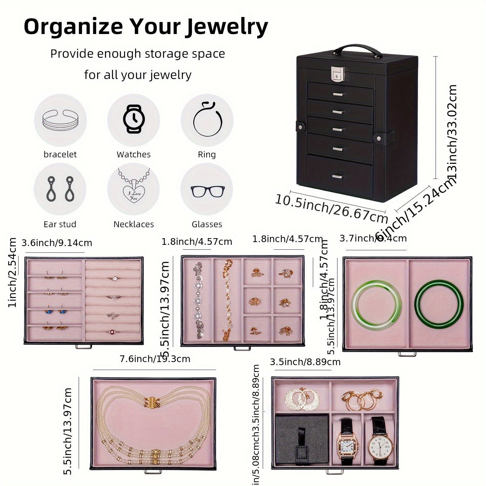 FEIYAN 6 Tier Jewelry Box, Jewelry Case With 5 Drawers, Large Storage Capacity, With Mirror, Lockable, Jewelry Storage Organizer, Gift For Loved Ones