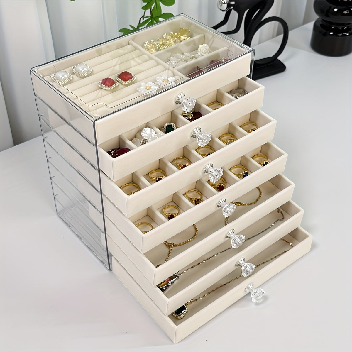 7-Layer Transparent Plastic Jewelry Organizer Box with Fabric-Lined Compartments, Secure Latch Closure & Contemporary Octagonal Design - Multi-Use Desktop Storage for Earrings, Rings, Necklaces, Jewelry Organizer Storage, Durable Polished Finish, Jewelry