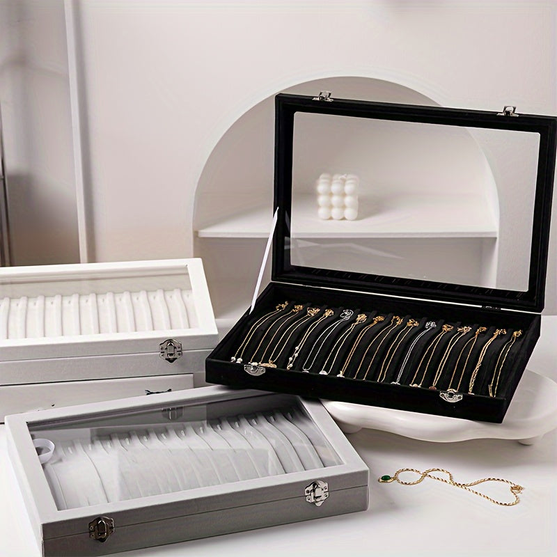 20-Hook Luxury Jewelry Organizer with Clear Lid and Plush Velvet Tray - Display and Store Necklaces, Pendants, and Accessories with Ease - Gray/Black (PMMJ)