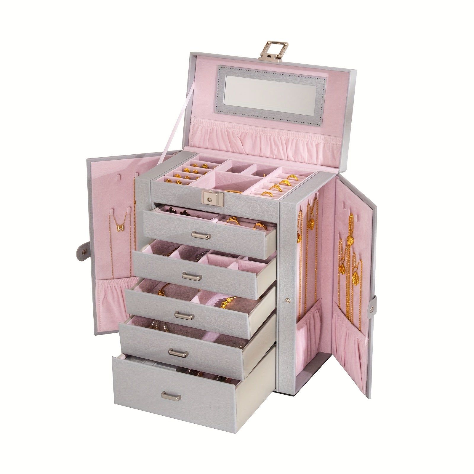 FEIYAN 6 Tier Jewelry Box, Jewelry Case With 5 Drawers, Large Storage Capacity, With Mirror, Lockable, Jewelry Storage Organizer, Gift For Loved Ones