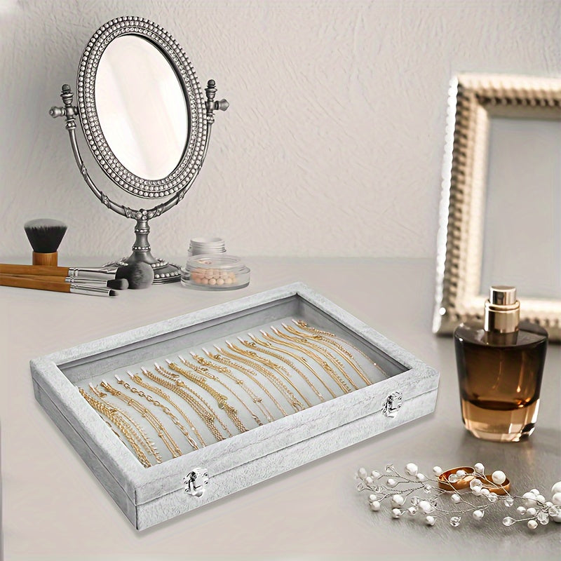 20-Hook Luxury Jewelry Organizer with Clear Lid and Plush Velvet Tray - Display and Store Necklaces, Pendants, and Accessories with Ease - Gray/Black (PMMJ)