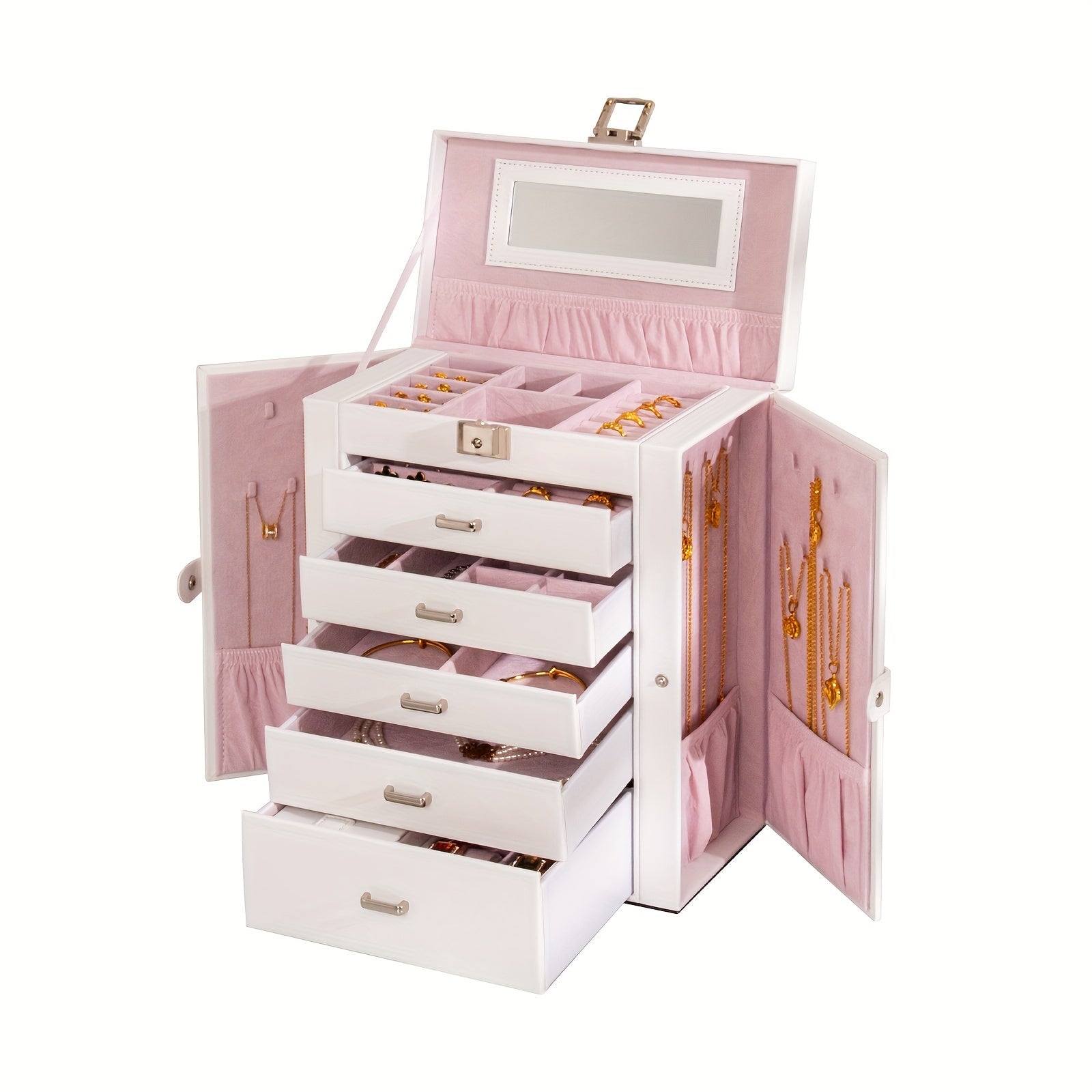FEIYAN 6 Tier Jewelry Box, Jewelry Case With 5 Drawers, Large Storage Capacity, With Mirror, Lockable, Jewelry Storage Organizer, Gift For Loved Ones