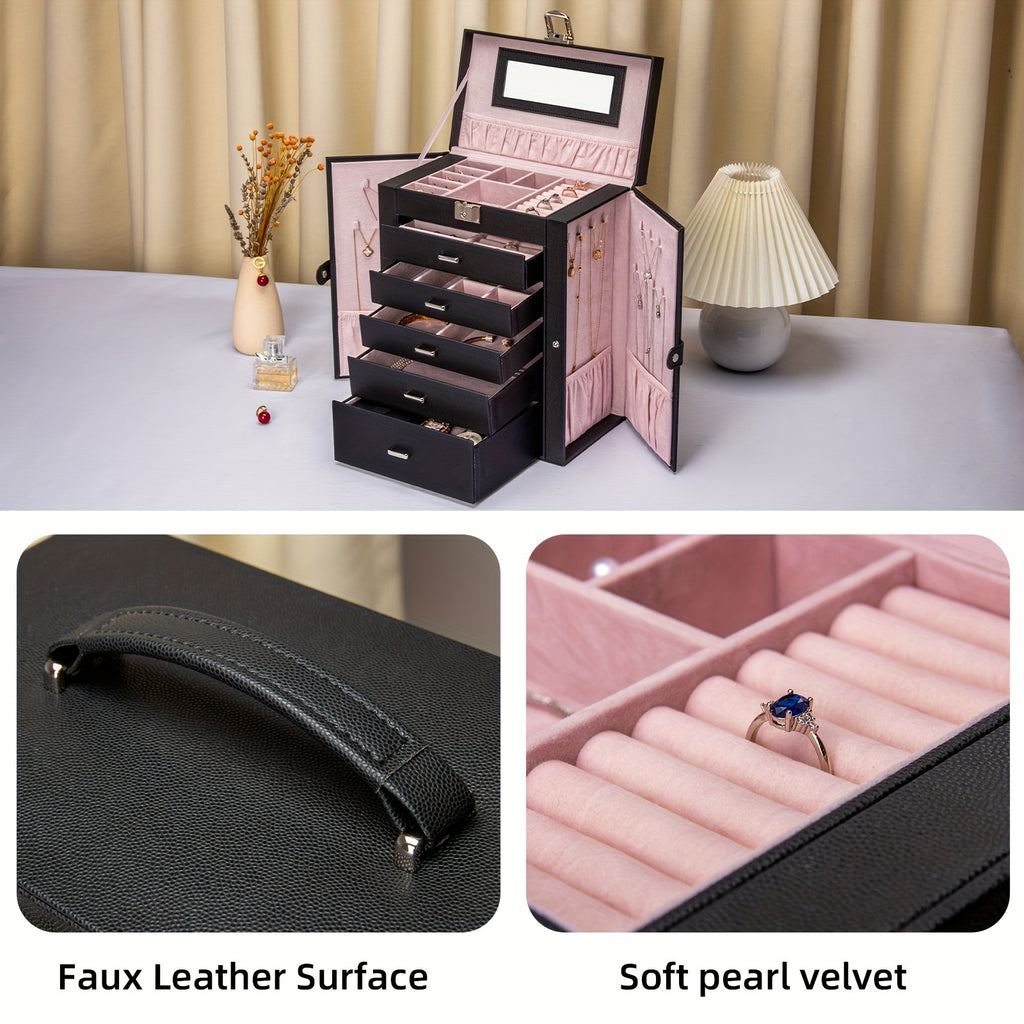 FEIYAN 6 Tier Jewelry Box, Jewelry Case With 5 Drawers, Large Storage Capacity, With Mirror, Lockable, Jewelry Storage Organizer, Gift For Loved Ones
