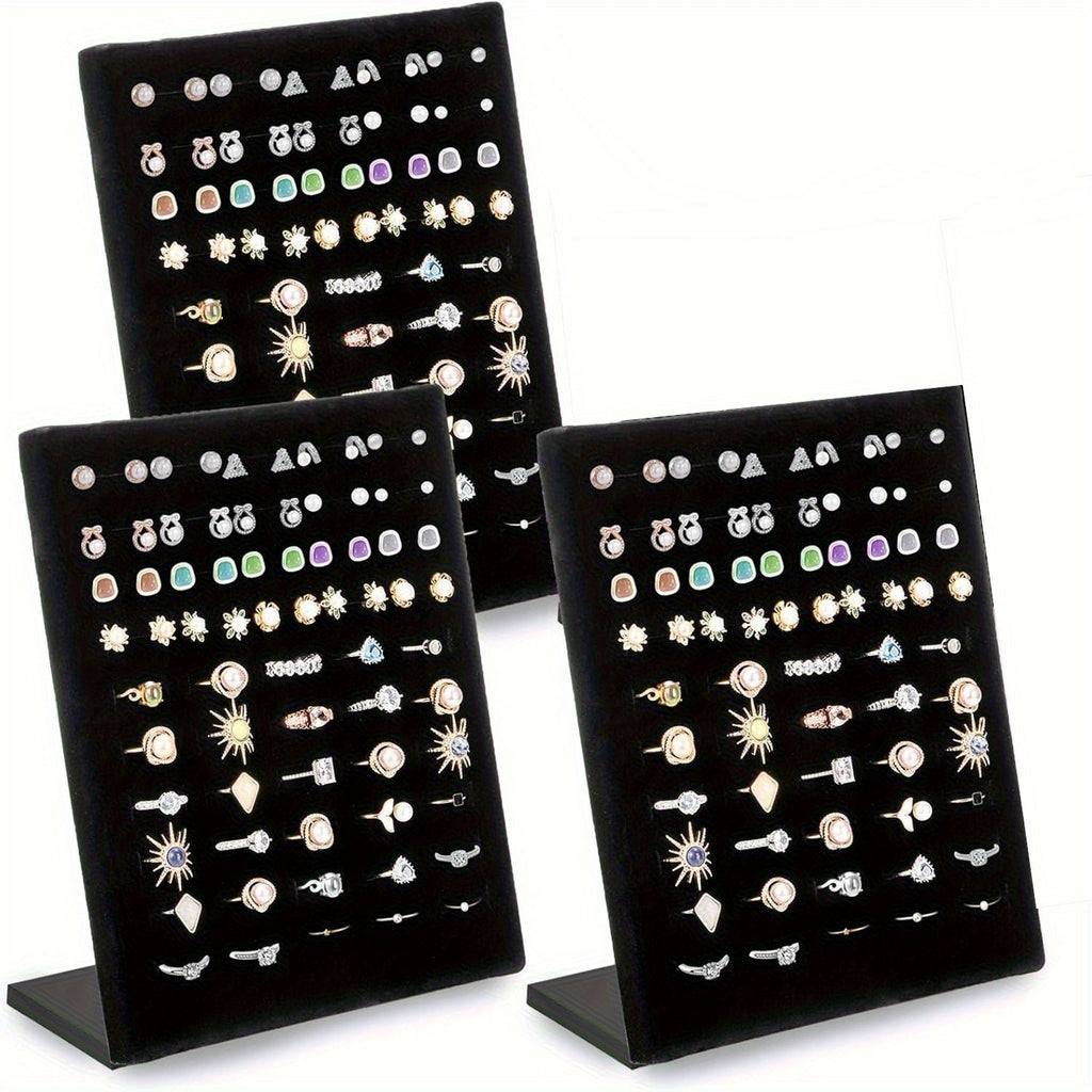 [Durable Jewelry Trays] Hiceeden 3-Pack L-Shaped Jewelry Display Stands | Black Velvet-Lined Plastic Ring Organizer Trays with 60 Slots for Earrings, Rings, Bracelets - Desktop Retail Store & Home Storage, Earring Arrangement, Intertwined Design, Durable