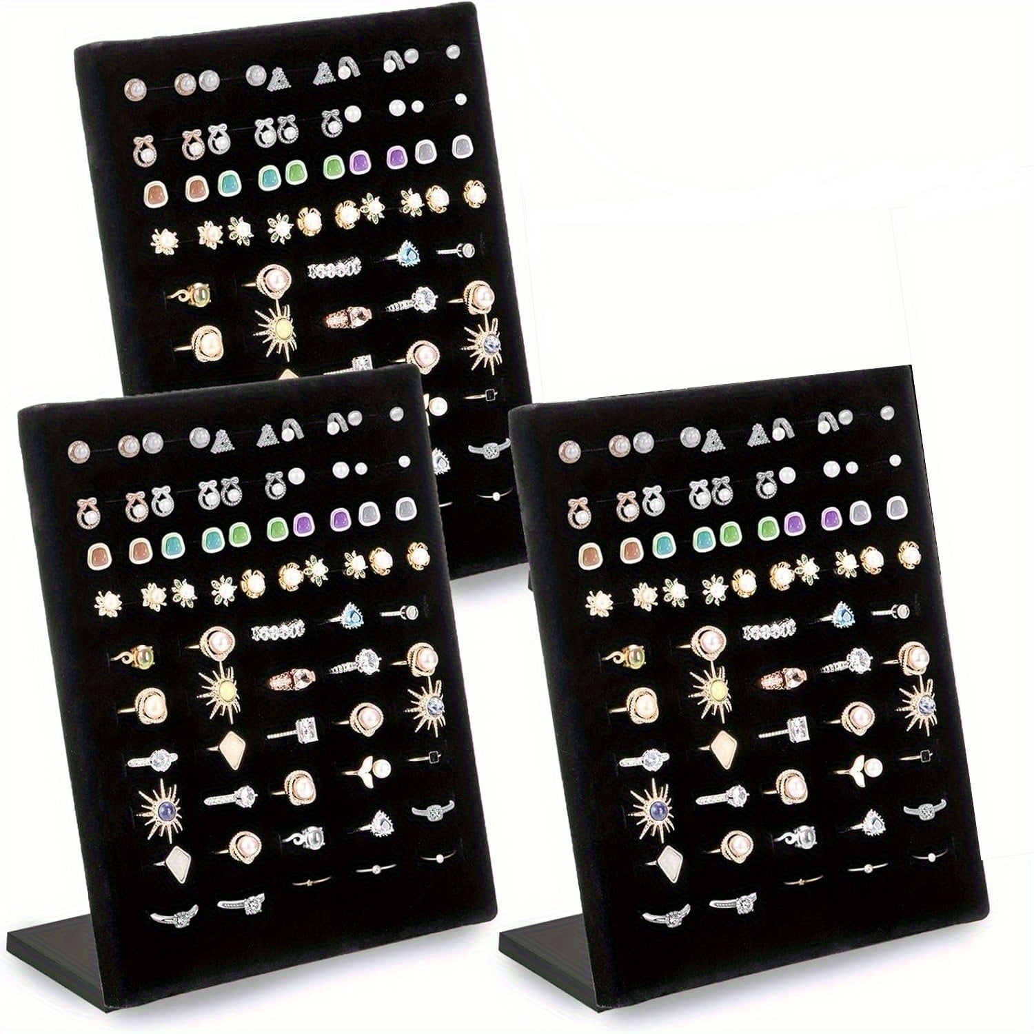 [Durable Jewelry Trays] Hiceeden 3-Pack L-Shaped Jewelry Display Stands | Black Velvet-Lined Plastic Ring Organizer Trays with 60 Slots for Earrings, Rings, Bracelets - Desktop Retail Store & Home Storage, Earring Arrangement, Intertwined Design, Durable