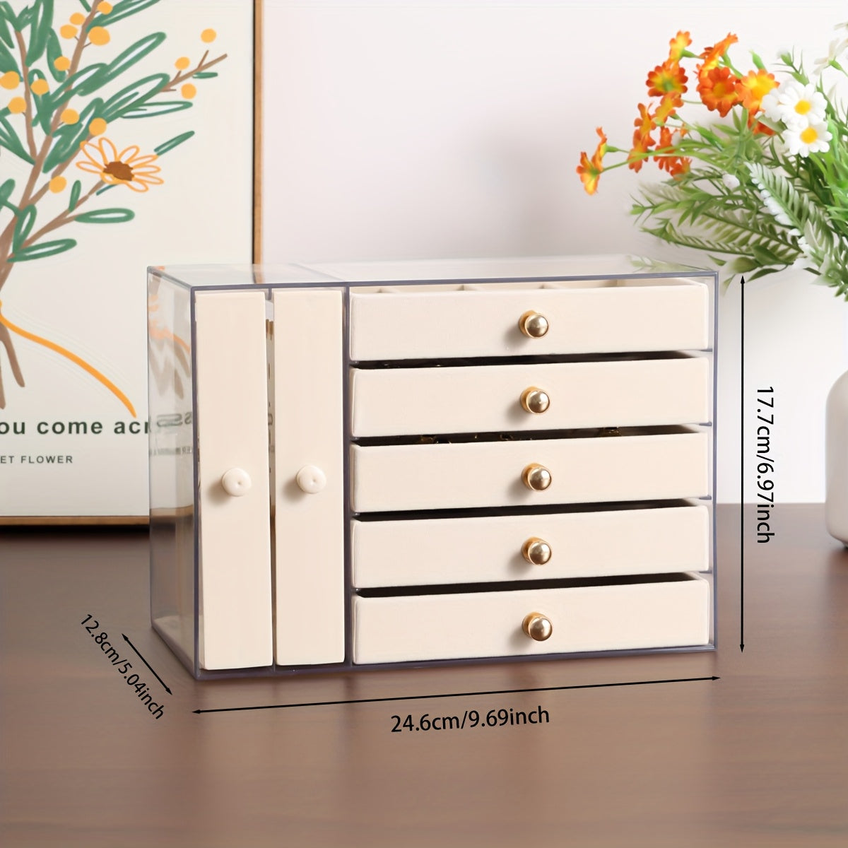 Large Capacity Jewelry Organizer Box with Multiple Compartments for Earrings, Rings, Necklaces & Bracelets - Durable Plastic Desktop Storage Box with Golden Handles, Polished Finish, Fabric-Lined Interior - Ideal for Valentine'S Day & Christmas Gifts,